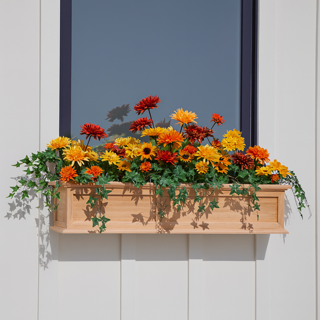 Cottage wood window box with orange and yellow flowers