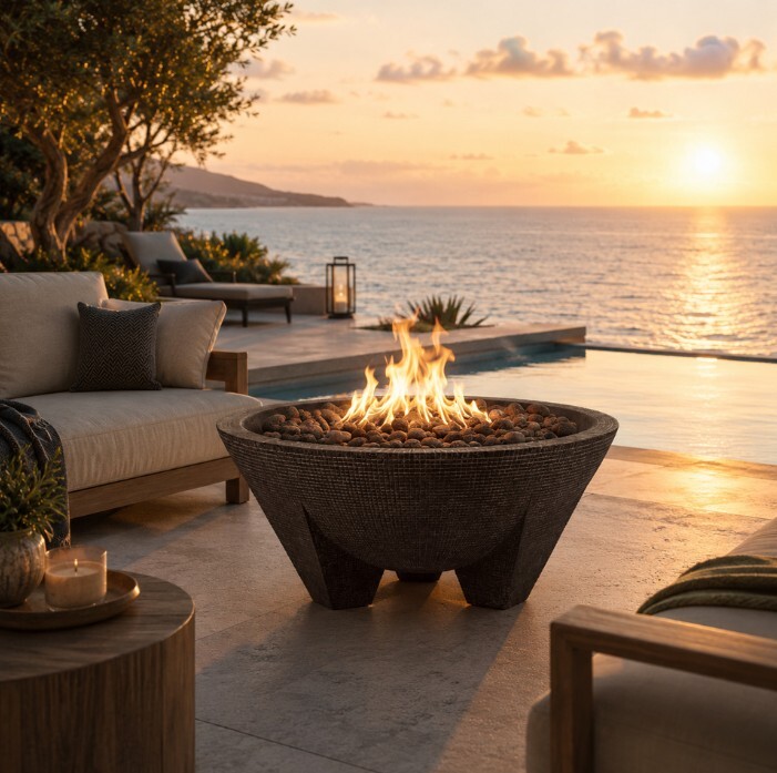 Gobi Fire Bowl on a poolside patio overlooking the ocean at sunset