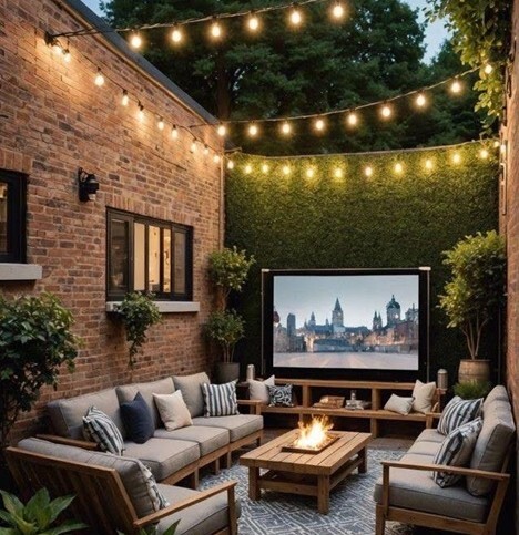Backyard setting with a TV and behind that a green wall