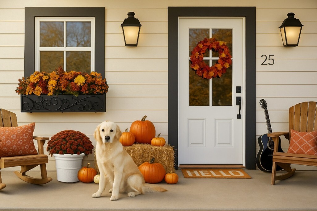 Front porch scene with fall window box pumpkins wreath and cute dog
