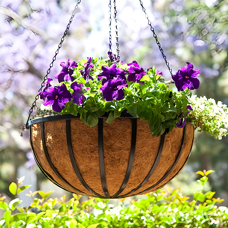 An outdoor hanging basket filled with petunias in the sunshine.