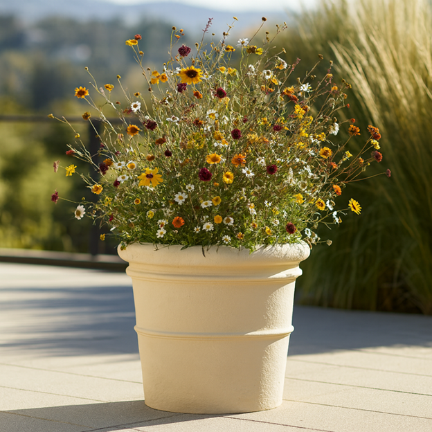 Round Banded Planter with fall flowers on a wood deck