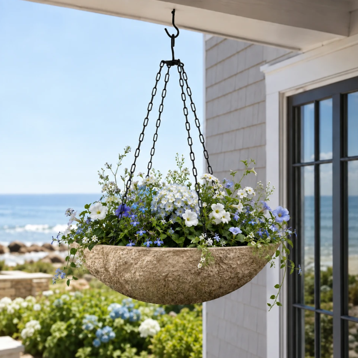 Primitive hanging bowl with multi colored flowers with ocean in background