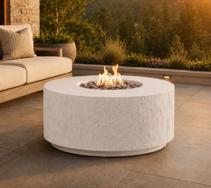 Round outdoor fire table with lava rocks on a landscaped patio