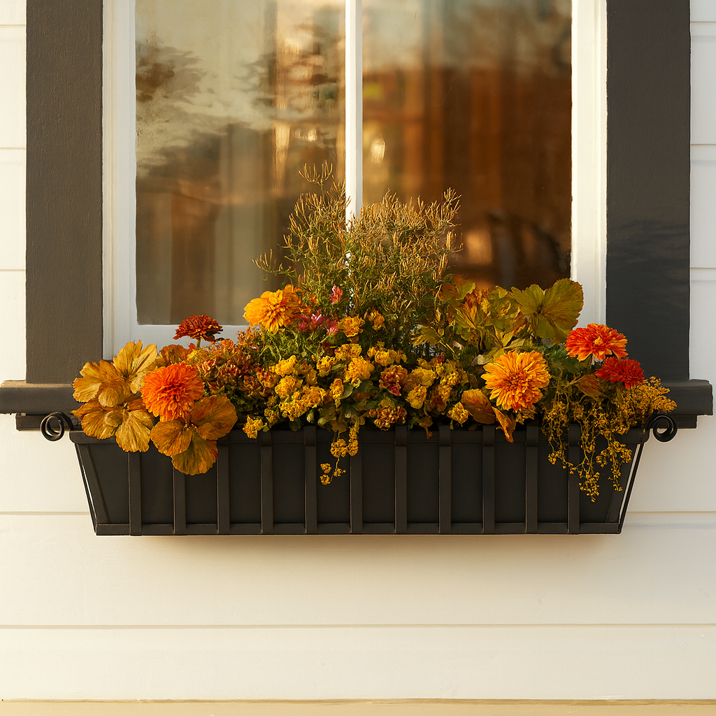 Venetian Window Box with fall foliage arranged under a window