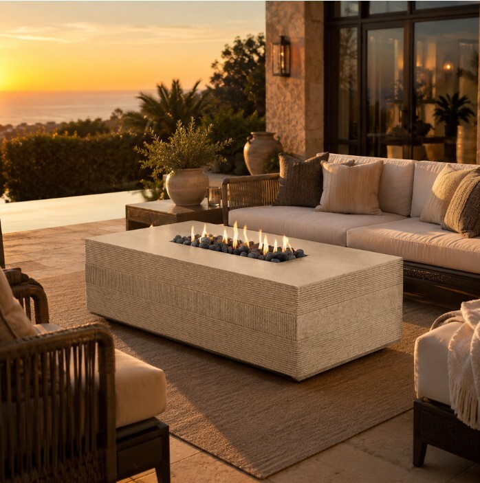 Zaragoza outdoor fire table surrounded by patio seating at sunset